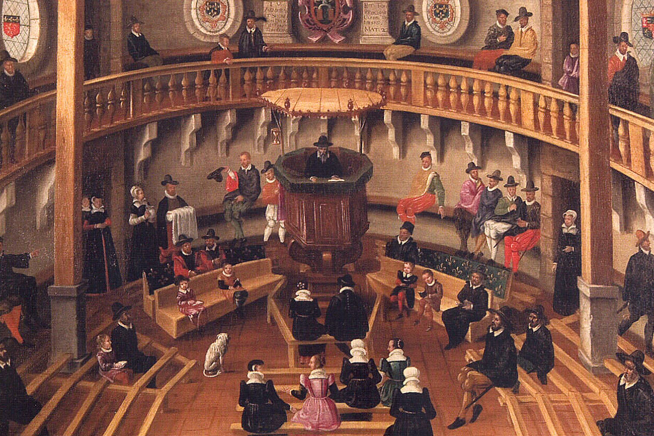 Wie auf dem Gemälde «Temple de Lyon, nommé Paradis» von zirka 1570 dargestellt, stand die Kanzel auch im 17. Jahrhundert in der Mitte der reformierten Kirchen. | Bild: Wikimedia Commons