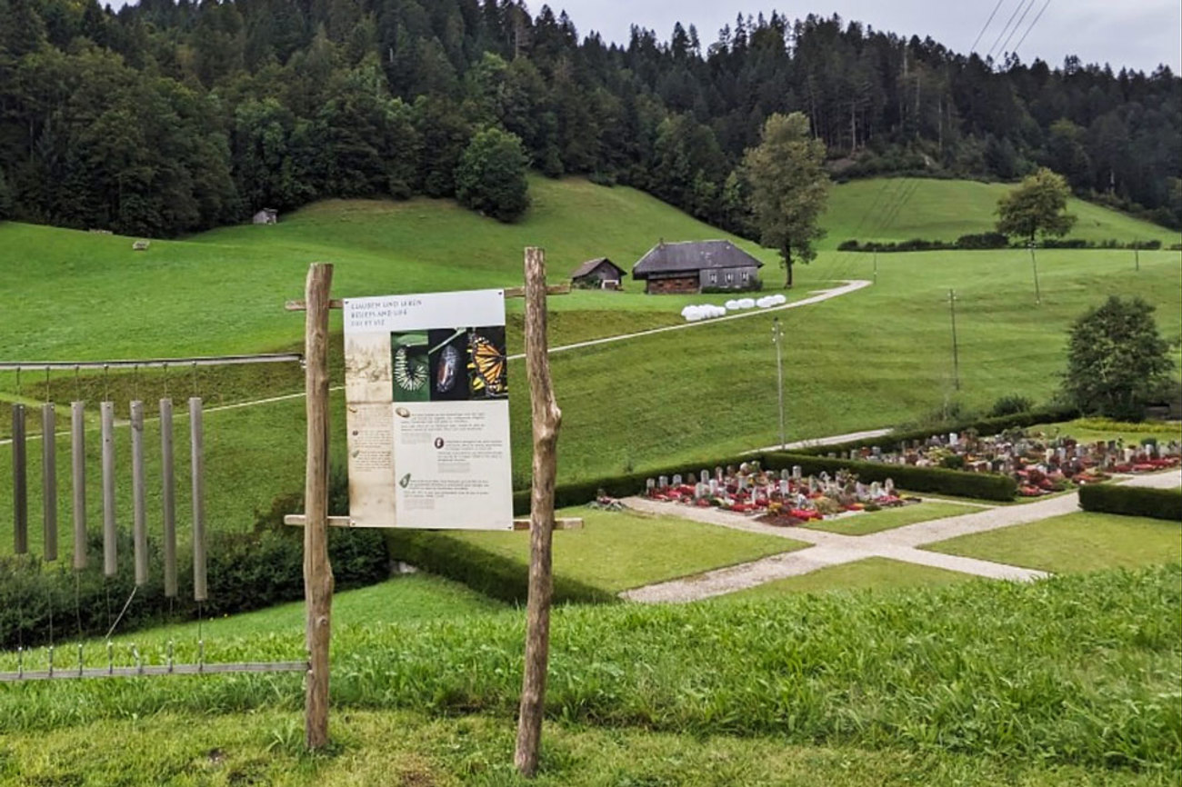 Mit Blick auf den Friedhof wird es «gfürchig» auf dem Täuferweg: «Der Täuferjäger hat dich ausfindig gemacht und nach Trachselwald ins Gefängnis gebracht», heisst es unter anderem auf den Tafeln. | Foto: Marius Schären